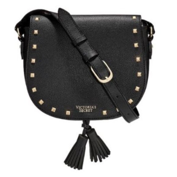 Victoria's Secret Handbags - NWT Victoria’s Secret Black Gold Studded Crossbody Saddle Bag Purse